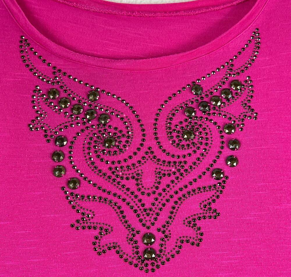 Vibrant Hot Pink Scoop Neck Short Sleeve Studded Tee Shirt Pull On Plus Size